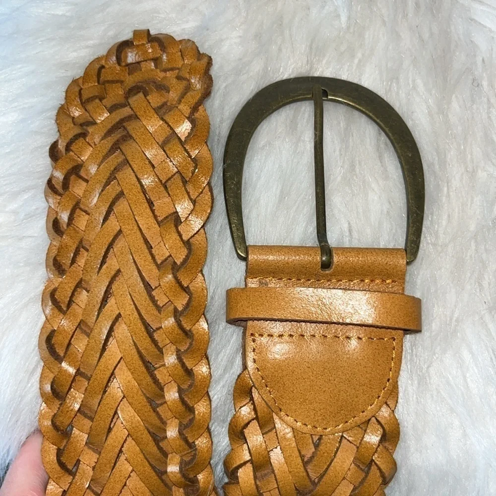 Wide tan leather braided belt boho hippie western size Medium